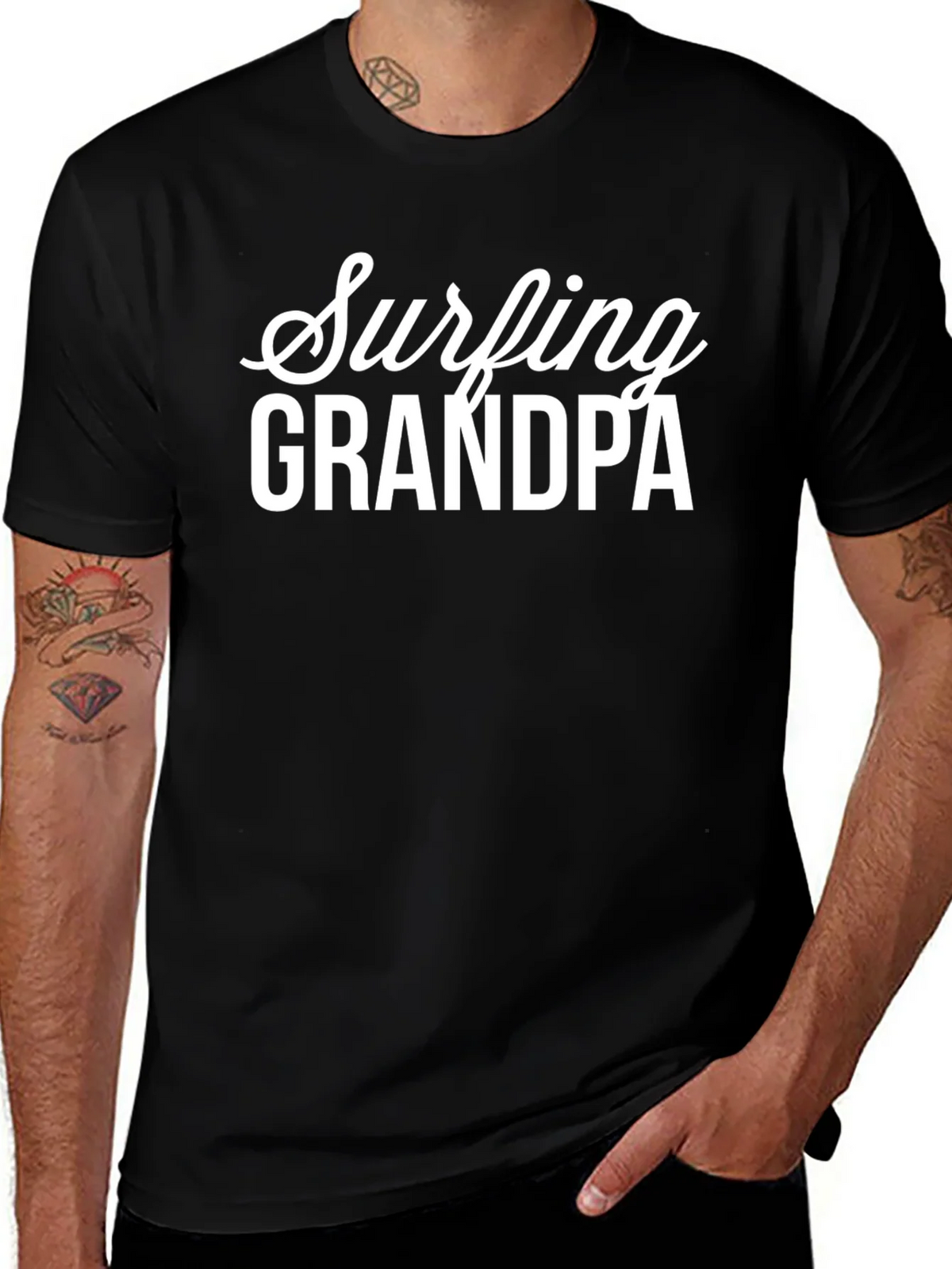 Surfing Grandpa Black Graphic T-Shirt product image 1