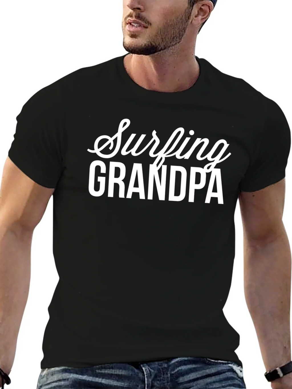 Surfing Grandpa Black Graphic T-Shirt product image 4
