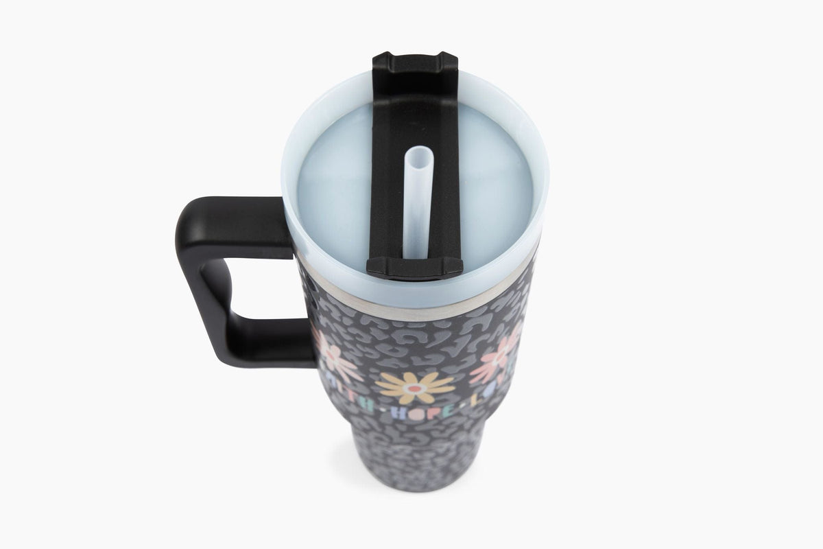 FHL Black Leopard Floral 40oz Tumbler w/ Handle