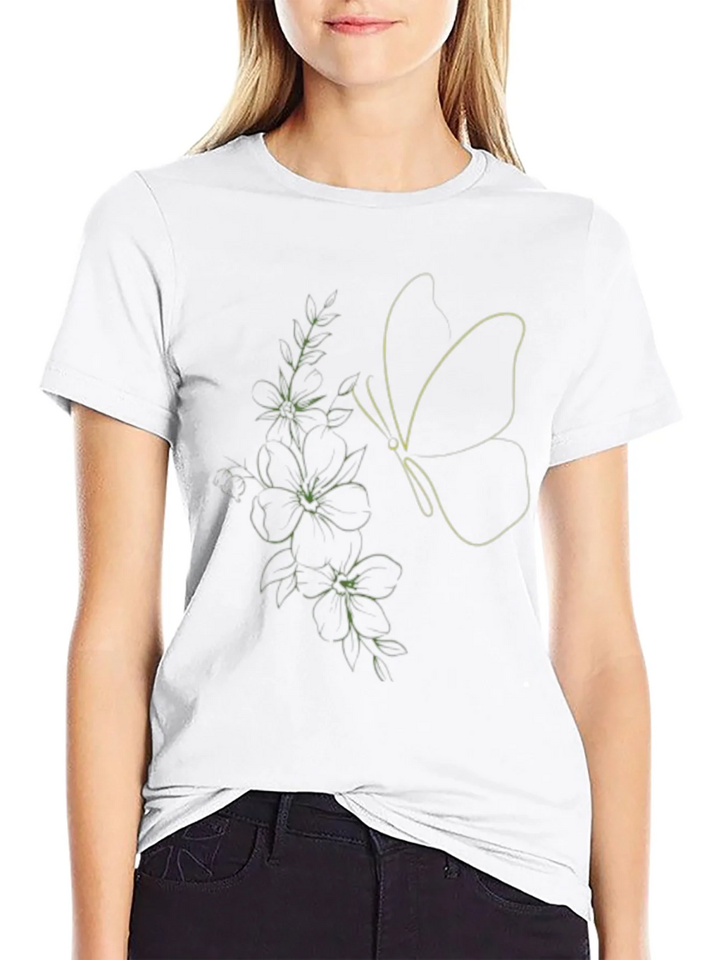 Black Tee with Butterfly & Floral Line Art Design product image 8
