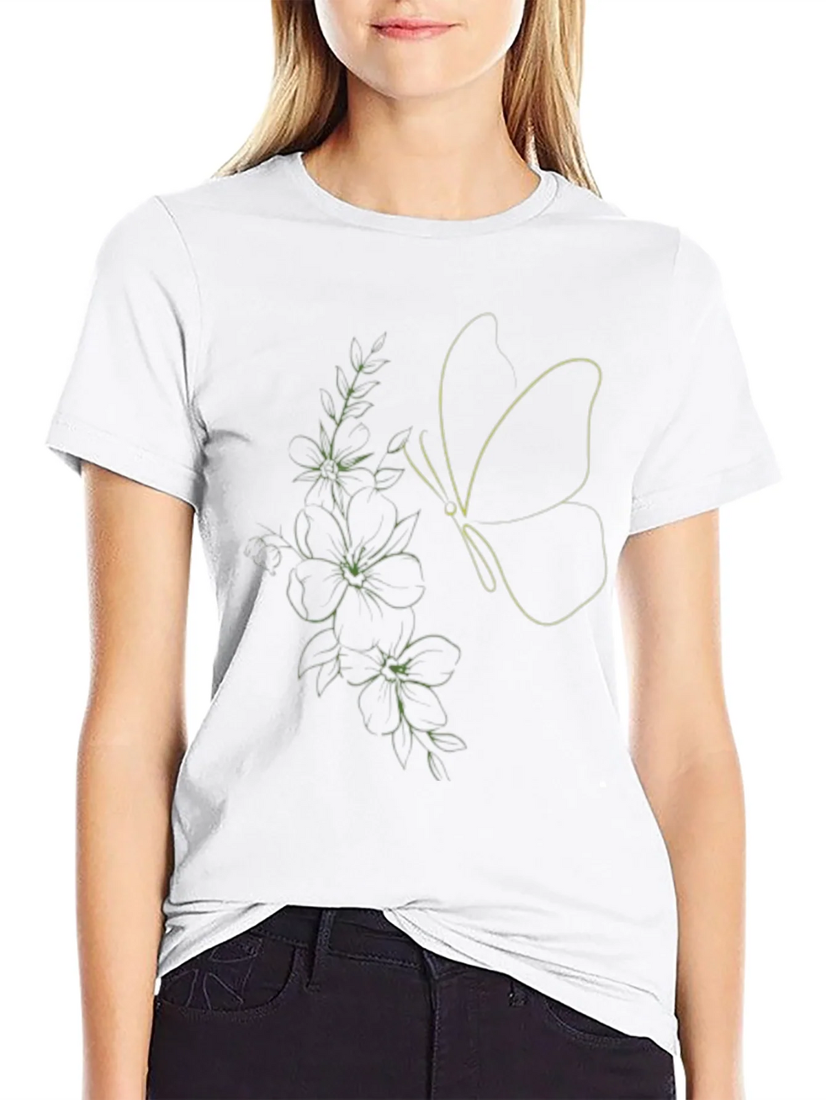 Black Tee with Butterfly & Floral Line Art Design product image 8