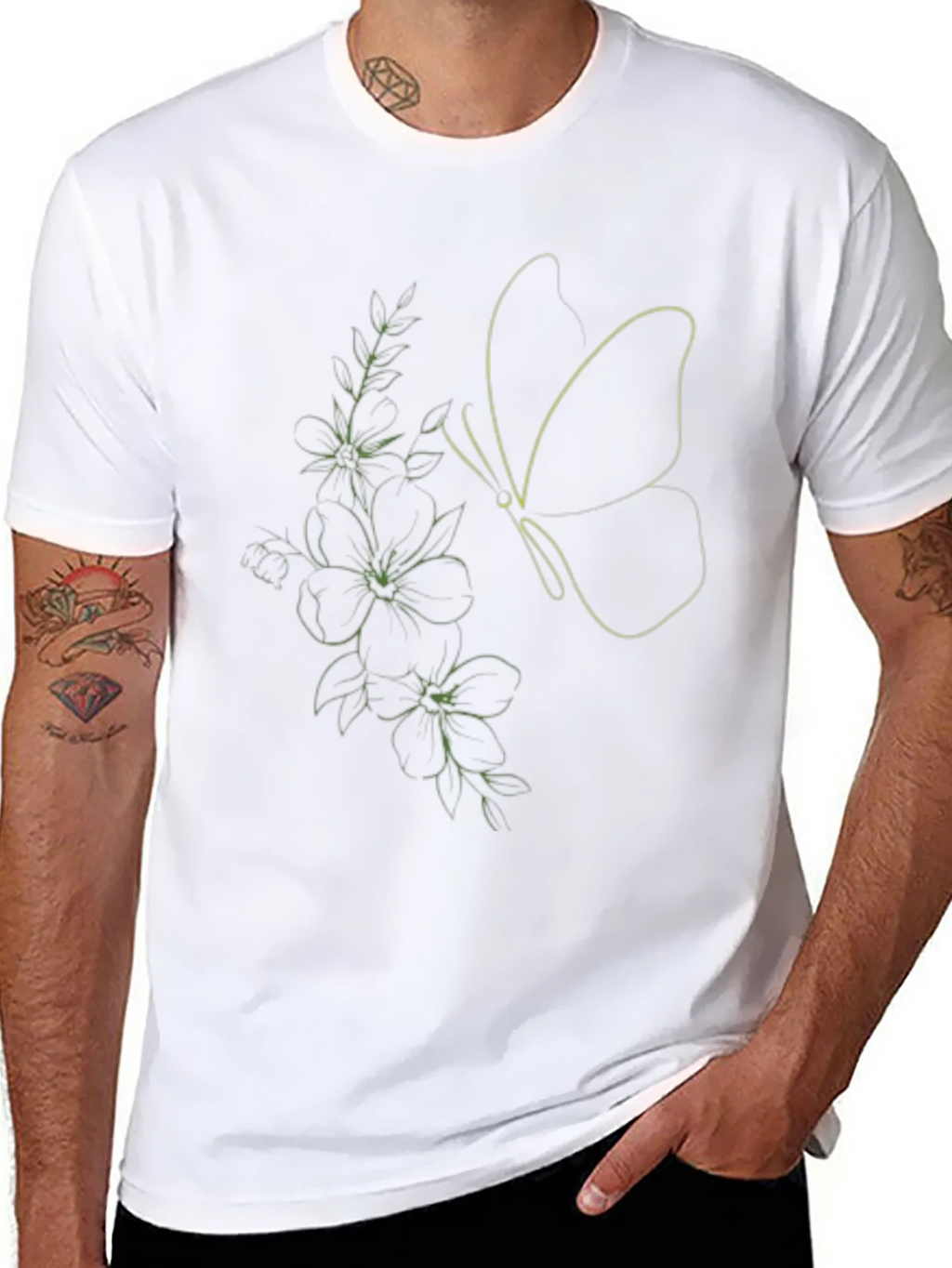 Black Tee with Butterfly & Floral Line Art Design product image 7