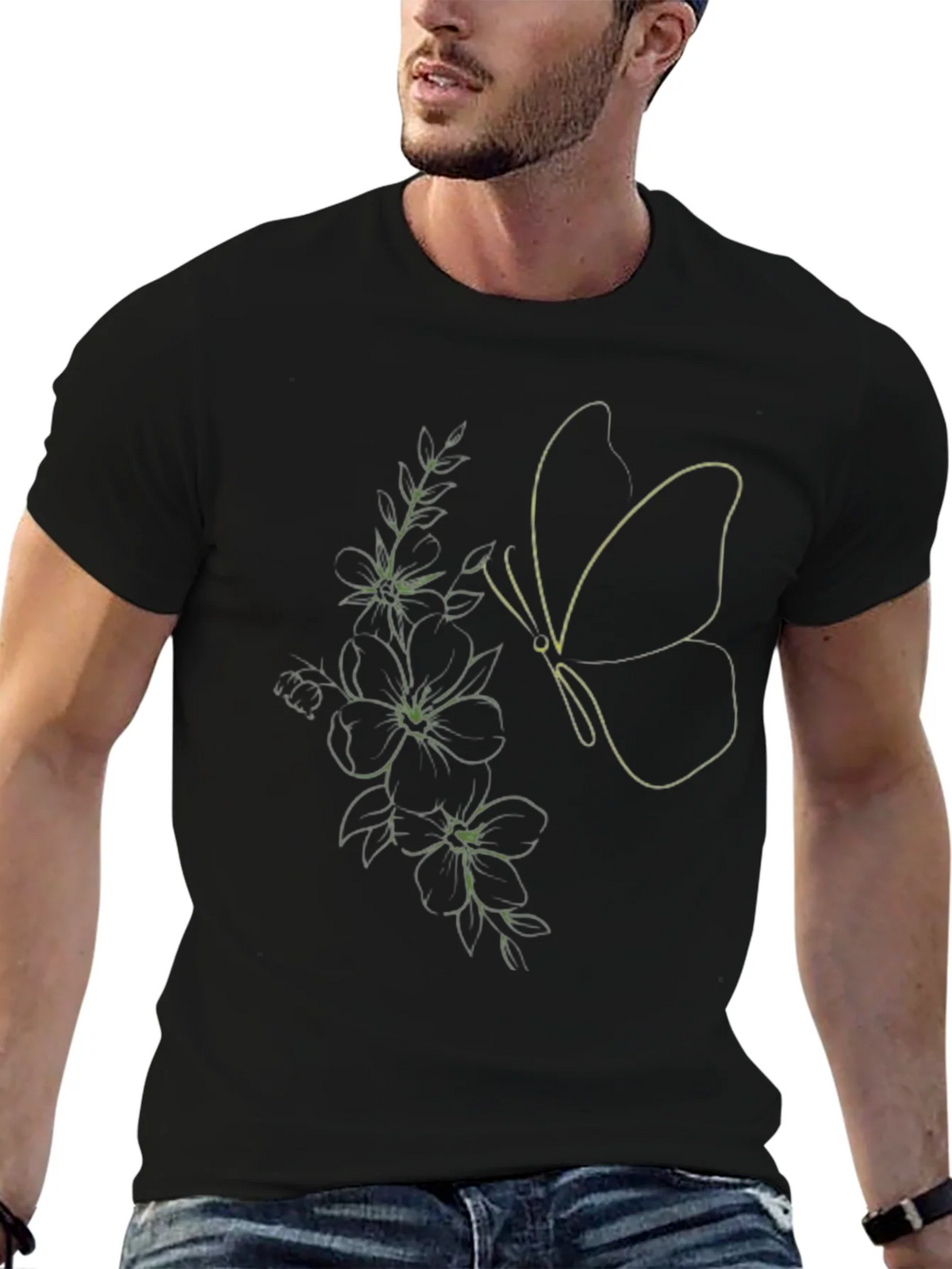 Black Tee with Butterfly & Floral Line Art Design product image 6