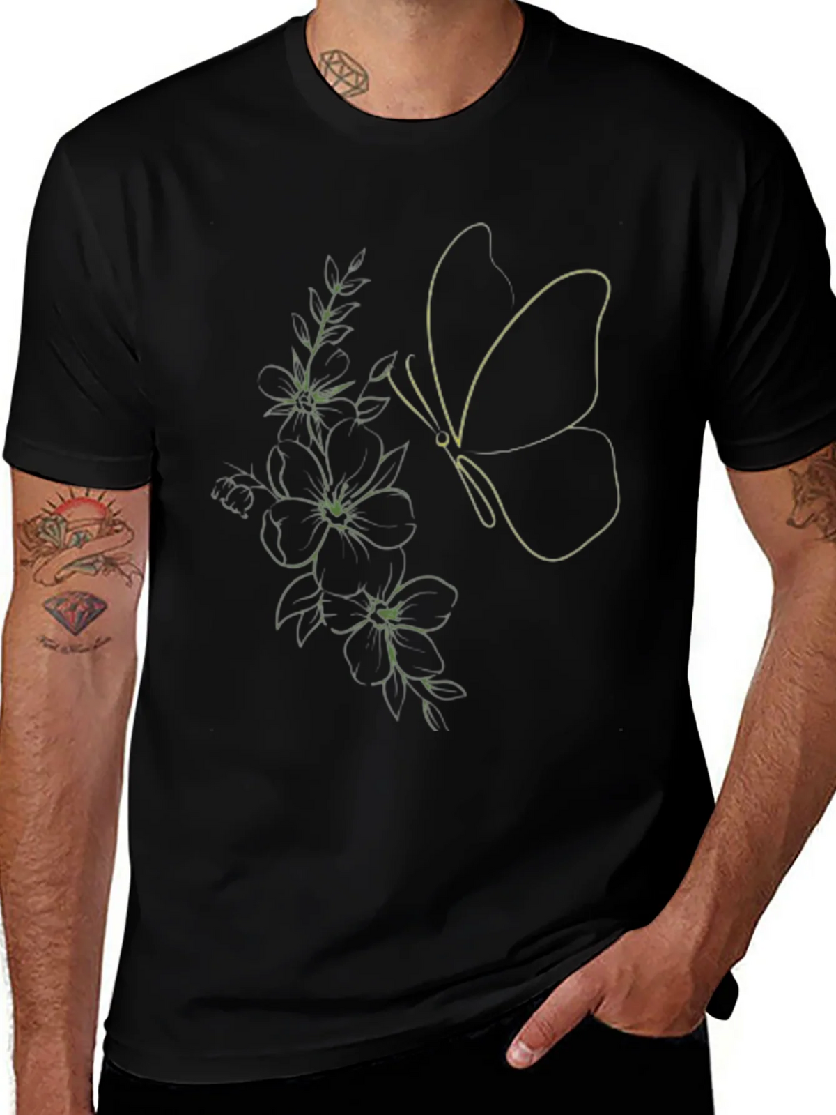 Black Tee with Butterfly & Floral Line Art Design product image 1
