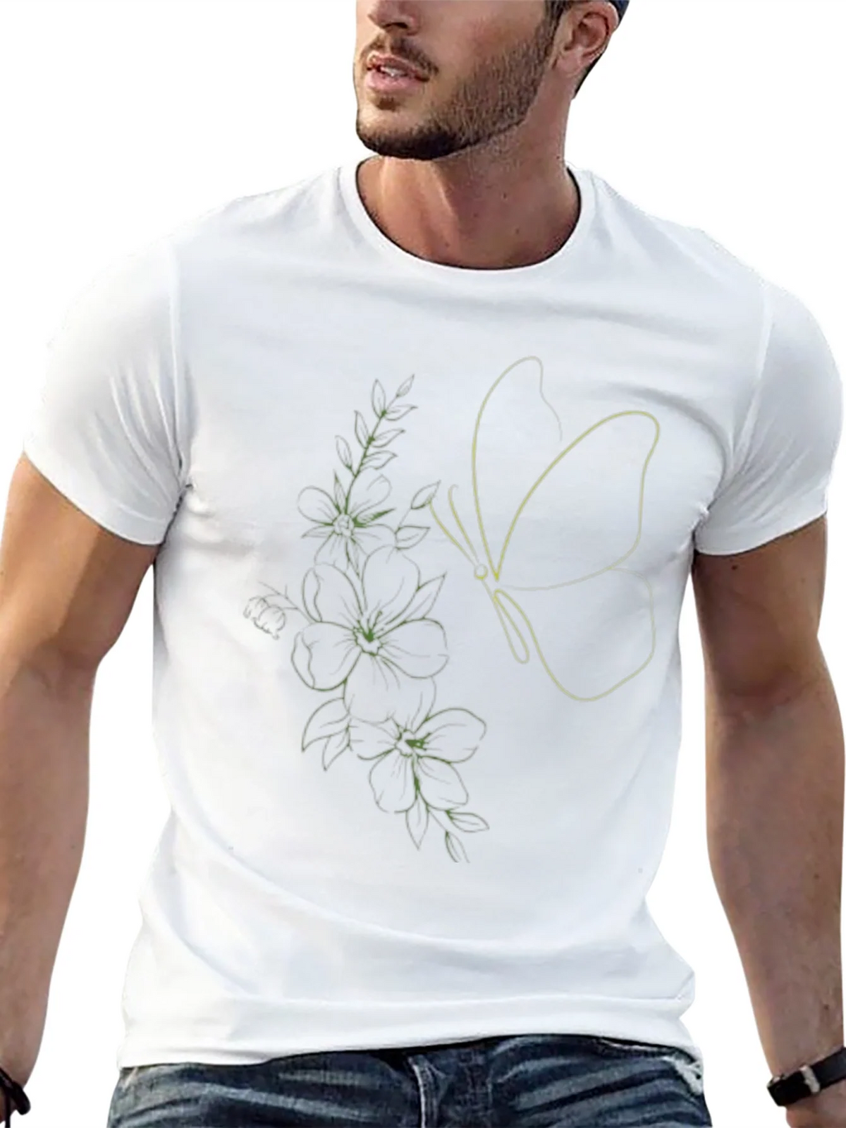 Black Tee with Butterfly & Floral Line Art Design product image 12