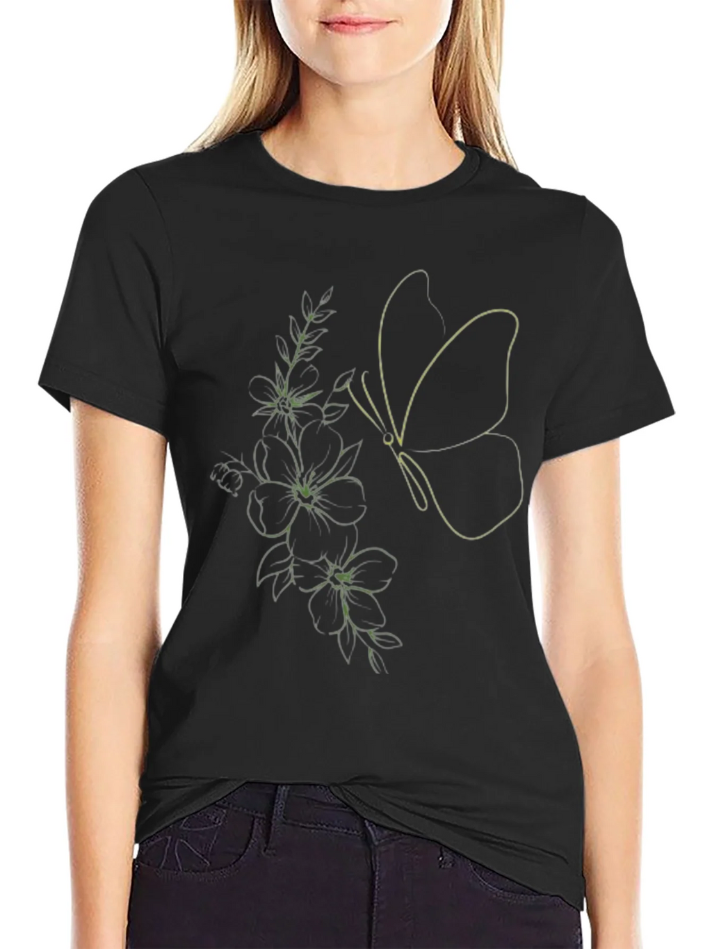 Black Tee with Butterfly & Floral Line Art Design product image 2