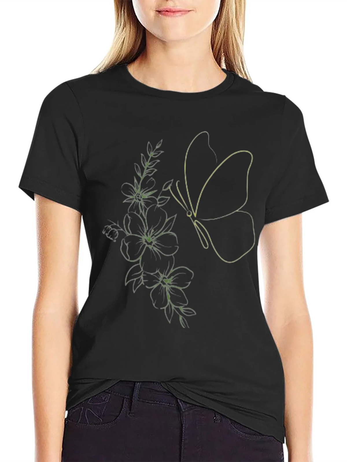 Black Tee with Butterfly & Floral Line Art Design product image 2