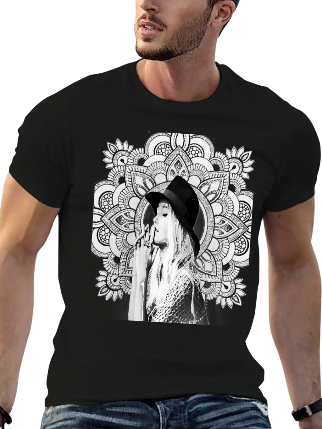Black Graphic Tee - Mandala Art Woman Portrait product image 6