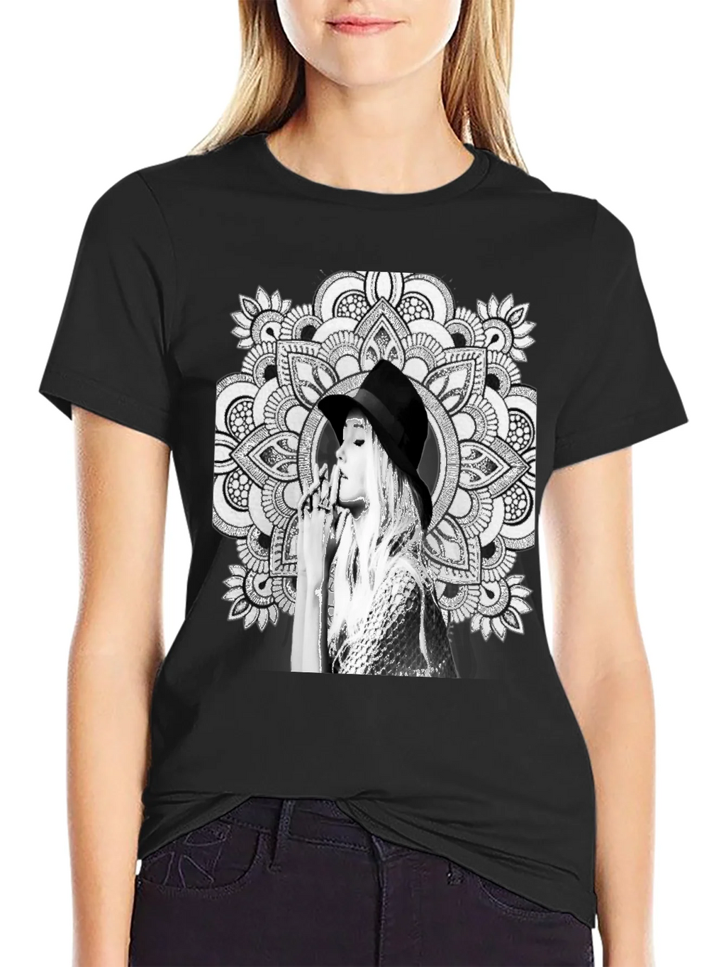 Black Graphic Tee - Mandala Art Woman Portrait product image 2